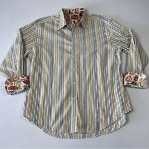 Robert Graham Men's Dress Shirt Striped Button Flip Cuff Colorful Multicolor 2XL